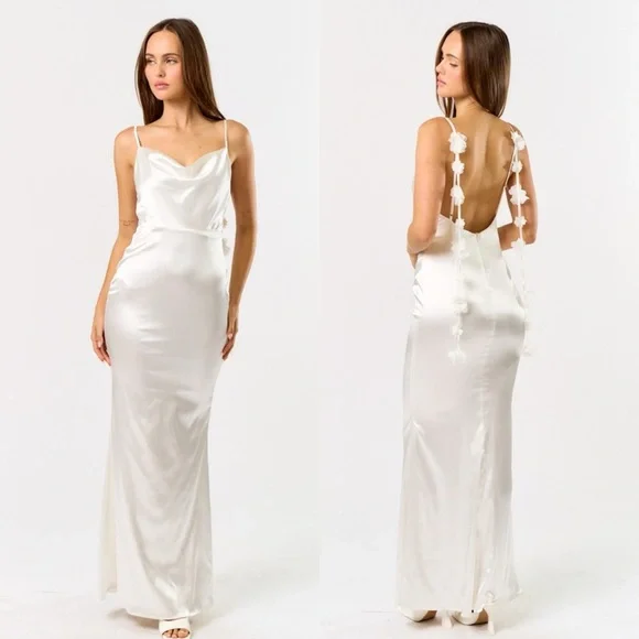 *24 HOUR SALE* To Have And To Hold 3D Flower Strap White Satin Maxi Dress - Picture 4 of 4
